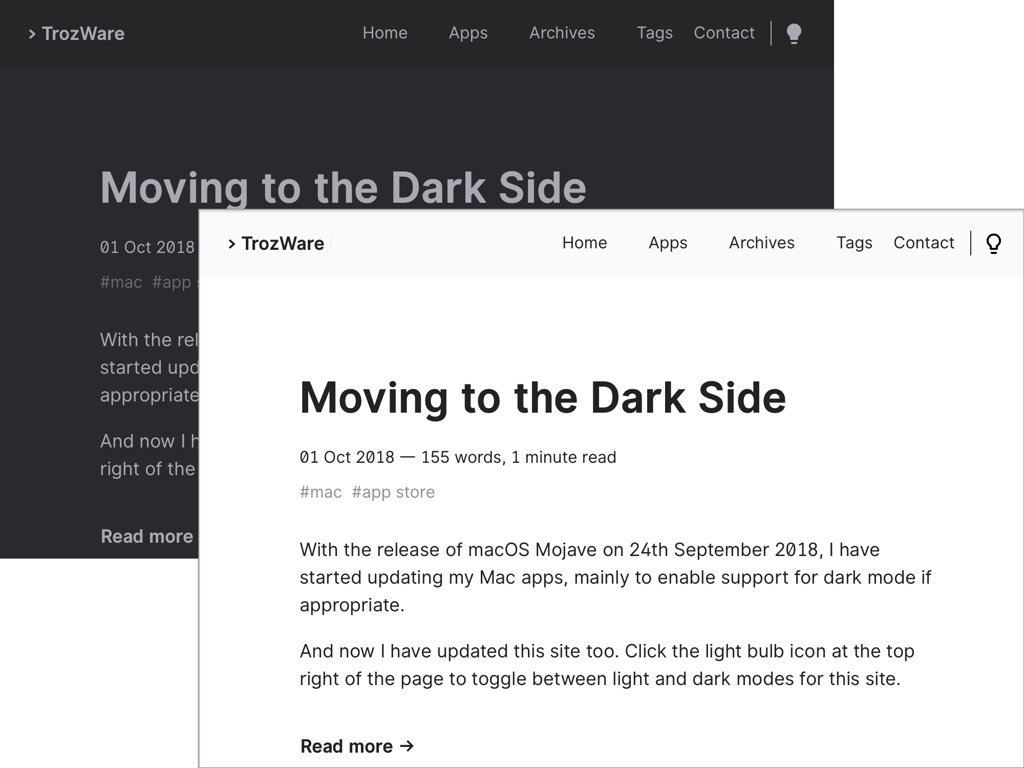 Dark and light versions of homepage